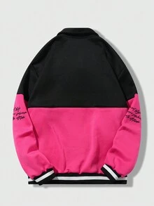 ROMWE MEN Street Life 字母印花拼色男士夾克 - 玫紅色 - 查看 2