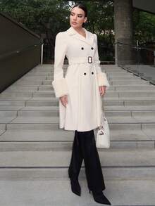 SHEIN Privé Abrigo de peluche puño de doble botonadura con cinturón