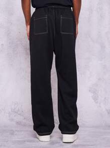 SUMWON 街头阔腿运动裤对比缝线抽绳运动休闲健身运动休闲秋季裤子运动休闲宽松休闲 - 黑色 - 查看 2