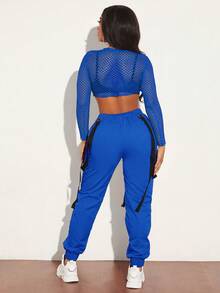 SHEIN SXY 漁網短款上衣&翻蓋口袋工裝褲 - 寶藍色 - 查看 2