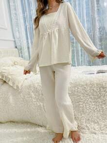 Contrast Lace Square Neck Flounce Sleeve Peplum Top & Pants PJ Set - Apricot - View 3