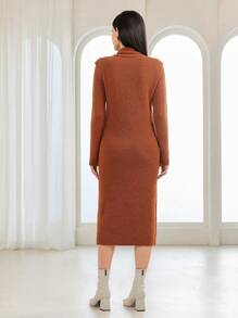 Seusyu Turtleneck Pocket Patched Sweater Dress & Sweater 2 Piece Set Fall Cloth For Women - Redwood - View 2