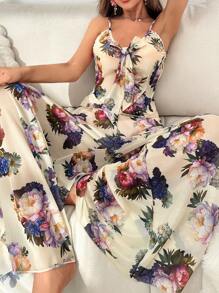 Conjunto de pijama con top de camisa de tirantes con nudo frontal y pantalón de pierna ancha con estampado floral - Albaricoque - Ver 4