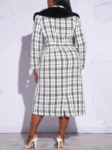 Slaydiva Plus Plaid Print Belted Overcoat - Black and White - View 1