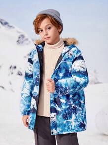 SHEIN Tween Boy Mountain Print Hooded Sports Coat