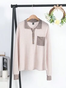 SHEIN LUNE Contrast Collar Drop Shoulder Half Button Tee - Khaki - View 1
