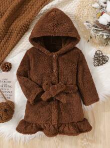 Baby Girl Ruffle Hem Hooded Belted Fuzzy Coat - Multicolor - View 1