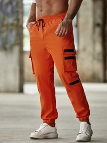 Manfinity LEGND 男士織帶拼接翻蓋口袋腰部抽繩工裝褲 - 亮橙色 - 查看 3