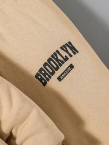 SHEIN 男嬰標語圖案毛絨內襯連帽夾克和運動褲不帶T恤 - 卡其色 - 查看 6