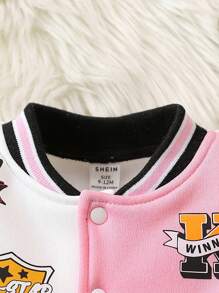 SHEIN 女嬰字母圖案撞色學院風夾克 - 淺粉色 - 查看 3
