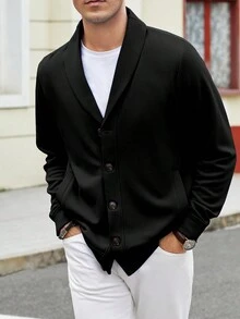 Men Solid Button Up Shawl Collar Slant Pocket Sweatshirt - Black - View 3