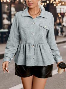 SHEIN LUNE Plus Flap Pocket Peplum Jacket Fall Cloth For Women - Grey - View 1