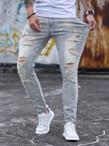 Manfinity EMRG 男士破洞磨边紧身牛仔裤，纯色修身长款浅蓝色工装牛仔裤，适合送给老公、男朋友的礼物 - 淺色水洗藍 - 查看 5