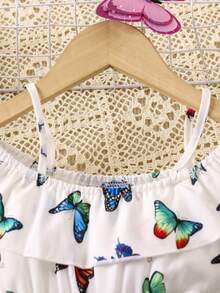 SHEIN Cô Gái Trẻ In bướm Viền Ruffle Vai lạnh Thắt lưng Áo liền quần - Nhiều màu - Xem 3