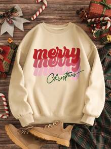 SHEIN EZwear 大碼字母圖案加絨內裏運動衫 - 卡其色 - 查看 1