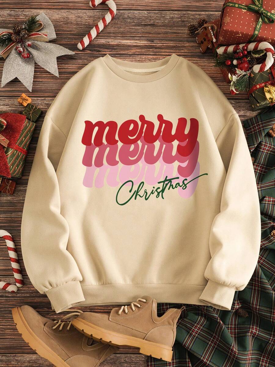 SHEIN EZwear 大碼字母圖案加絨內裏運動衫 - 卡其色 - 查看 1