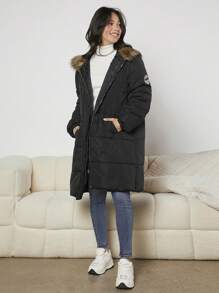 少女字母拼接细节毛绒装饰连帽棉服外套 - 黑色 - 查看 6