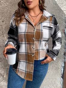 Plus Drop Shoulder Curved Hem Plaid Print Coat - Multicolor - View 3