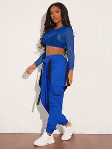 SHEIN SXY 漁網短款上衣&翻蓋口袋工裝褲 - 寶藍色 - 查看 3