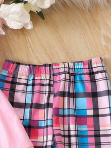 Young Girl Bear Print Tee & Plaid Pants Snug Fit PJ Set - Pink - View 4