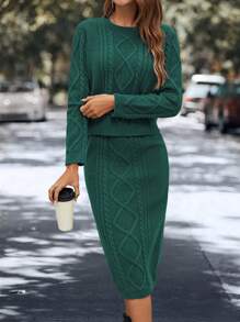 SHEIN Essnce Solid Cable Knit Sweater & Knit Skirt - Dark Green - View 1