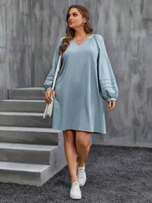 SHEIN LUNE 大碼女性燈籠袖V領洋裝 - 綠色 - 查看 5