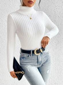 SHEIN Frenchy Turtleneck Ribbed Knit Sweater,Long Sleeve Tops Autumn Winter Clothes For Women Casual - White - View 1