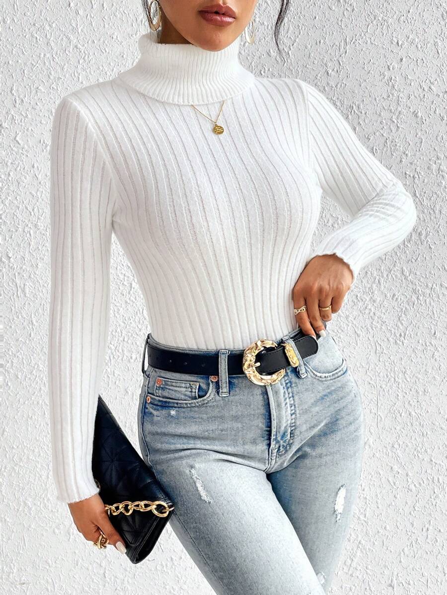 SHEIN Frenchy Turtleneck Ribbed Knit Sweater,Long Sleeve Tops Autumn Winter Clothes For Women Casual - White - View 1