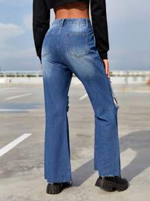 SHEIN EZwear Ripped Raw Hem Flare Leg Jeans