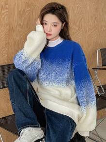 Dazy Star Áo chui đầu oversized hở vai Ombre, quần áo mùa thu - Màu xanh lam - Xem 2