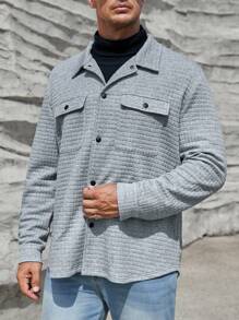 GENTILAND 寬鬆版型男士加大號扣前襯衫外套,帶有翻蓋口袋 - 灰色 - 查看 6
