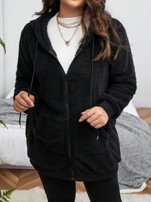 SHEIN CURVE+ Plus Zip Up Drawstring Hooded Teddy Coat - Black - View 7