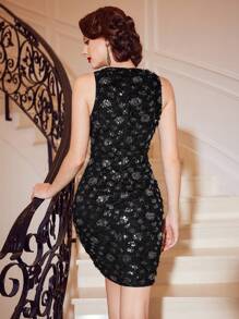 Vintamour Contrast Sequin Tank Bodycon Dress Without Gloves - Blue - View 2