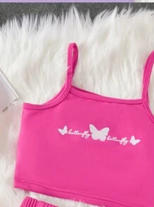 青少年女孩蝴蝶和字母圖案吊帶上衣和運動褲和拉鏈連帽衫 - 玫紅色 - 查看 5