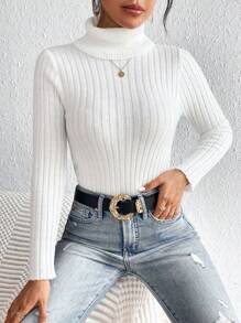 SHEIN Frenchy Turtleneck Ribbed Knit Sweater,Long Sleeve Tops Autumn Winter Clothes For Women Casual - White - View 6