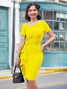MUXXN Asymmetrical Neck Ruffle Trim Dress - Yellow - View 4