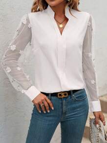 SHEIN Privé Đèn treo tường Tay áo lưới Đường viền cổ có rãnh Áo sơ mi - trắng - Xem 3