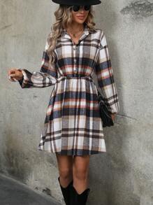 SHEIN LUNE Plaid Print Half Button Shirt Dress - Multicolor - View 6