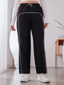 青少年女孩拼接滾邊腰部抽繩長褲 - 黑色 - 查看 3