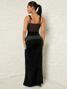 SHEIN SXY Cà vạt vai Chèn lưới Tách đùi Nhung Váy Dây - màu đen - Xem 2