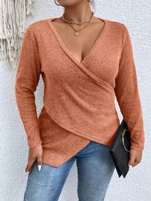 Celure 大碼交叉圍裹不對稱下擺條紋針織T恤 - 橘色 - 查看 5