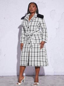Slaydiva Plus Plaid Print Belted Overcoat - Black and White - View 3