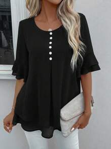 EMERY ROSE Flare Sleeve Half Button Blouse - Black - View 4