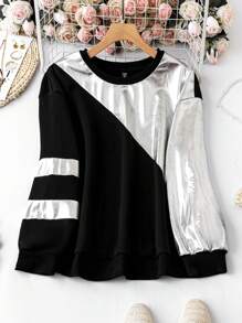 SHEIN LUNE Plus Colorblock Drop Shoulder Sweatshirt - Black - View 1