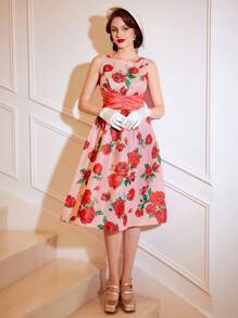 SHEIN DECDS 復古聖誕玫瑰印花女式連身裙 - 淺粉色 - 查看 7