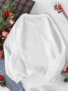 SHEIN EZwear 字母圖案加絨內裏運動衫 - 白色 - 查看 2