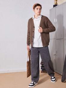 SHEIN 青少年男孩落肩袖前紐扣開襟衫 - 棕色 - 查看 4