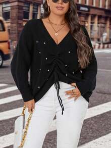 Calvaya Plus Pearls Beaded Drawstring Front Drop Shoulder Sweater - Black - View 3