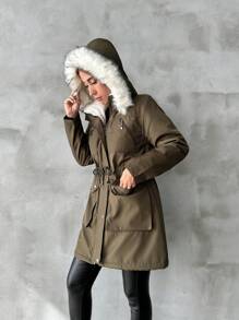 Flap Pocket Drawstring Waist Fuzzy Trim Hooded Thermal Lined Parka Coat - Army Green - View 5