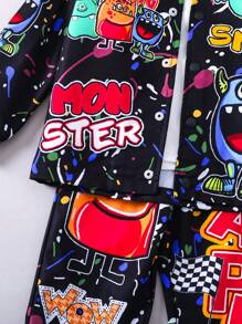 SHEIN 小男孩字母和卡通图案飞行员夹克和运动裤（不含 T 恤）多色男婴套装 - 黑色 - 查看 8